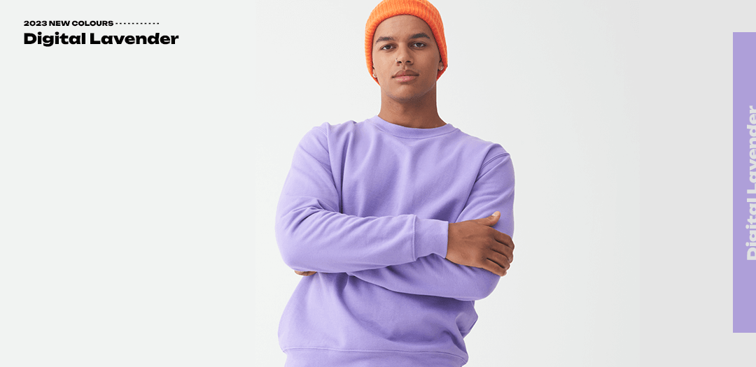 man modelling the new colour digital lavender on the jh030 sweatshirt