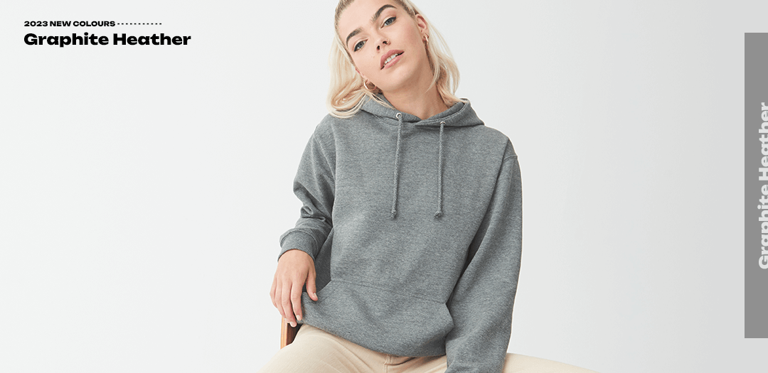 woman modelling the new colour graphite heather on the jh001 hoodie