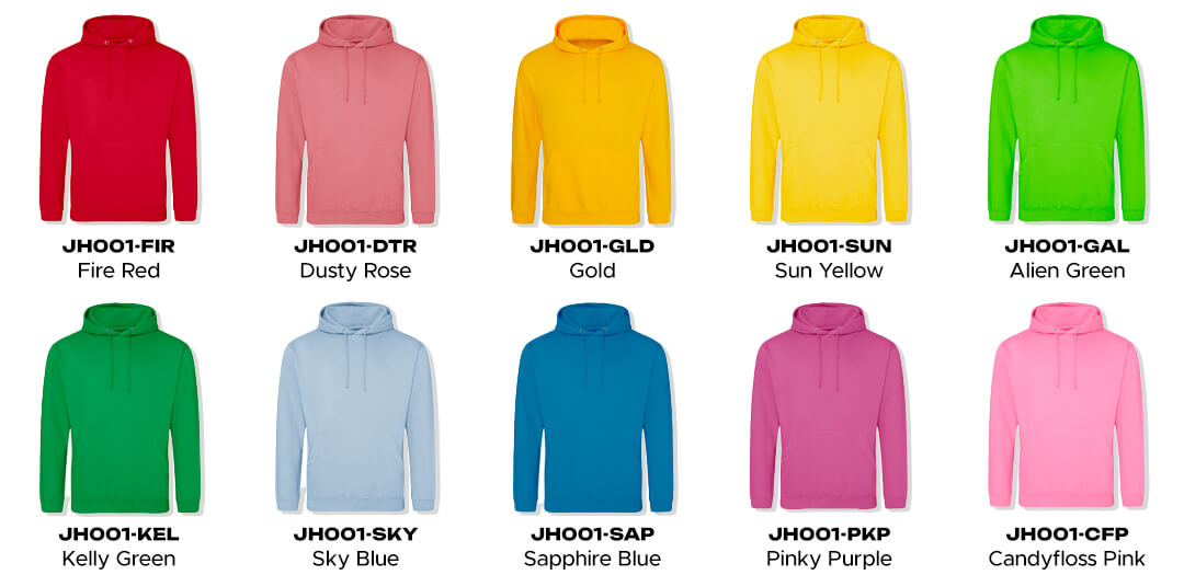 ten colours of the awdis jh001 hoodie available in every shade of the rainbow
