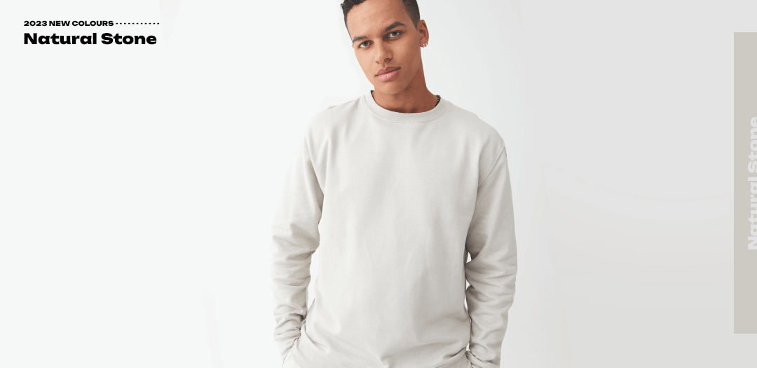 man modelling the new colour natural stone on the jh030 sweatshirt