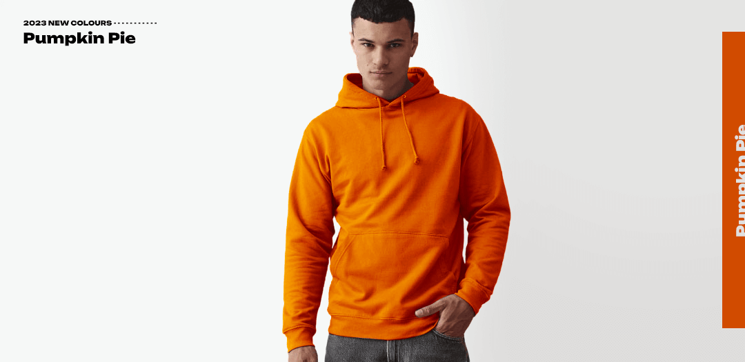 man modelling the new colour pumpkin pie on the jh001 hoodie