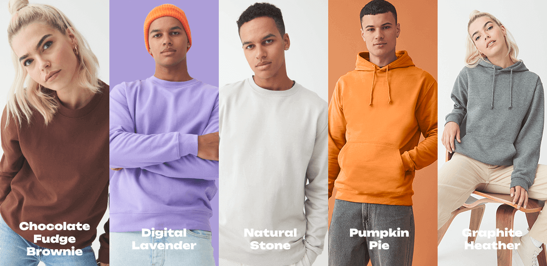 five models wearing new colours of awdis garment, left to right: chocolate fudge brownie, digital lavender, natural stone, pumpkin pie, graphite heather
