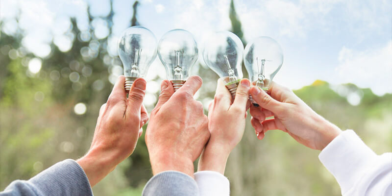 four hands holding light bulbs outside in nature