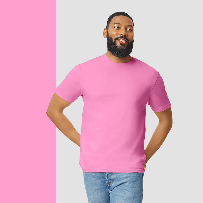 azalea pink heavy cotton t-shirt modelled by a man with hands on hips