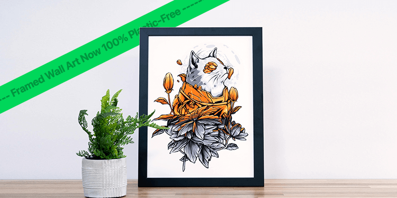 a framed art print of a cat with a banner 100% plastic-free