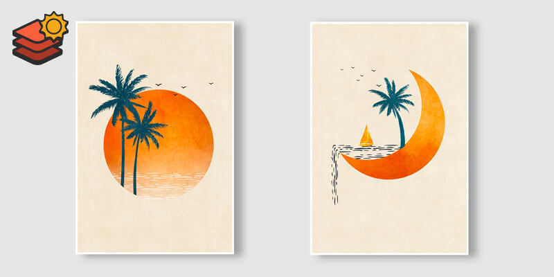 two art prints hanging on a wall, one is a sun and the other is a moon