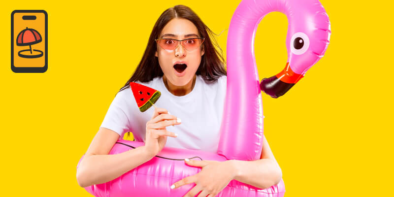 a woman wearing sunglasses and an inflatable flamingo, on a yellow background