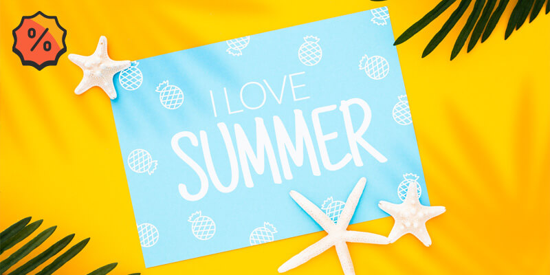 yellow background with summer objects: starfish, seashells and sunglasses
