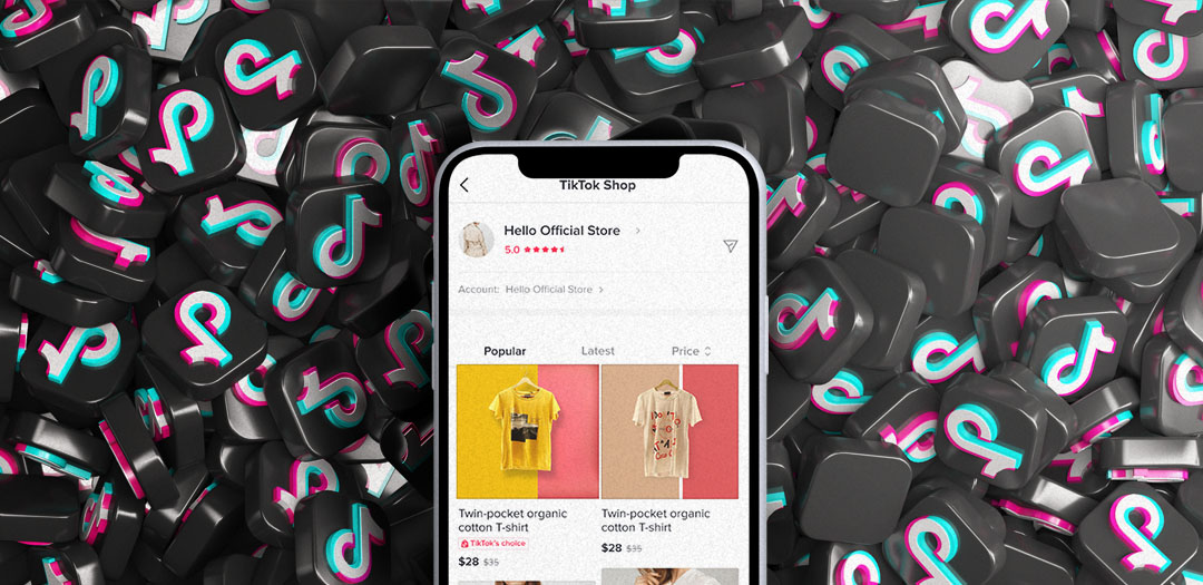 mobile phone showing the tiktok shop app with 2 t-shirt listings