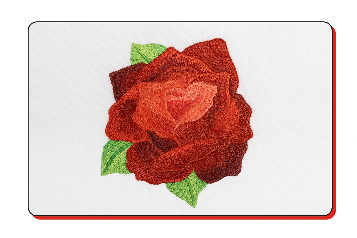 a colourful red rose embroidered using coloreel