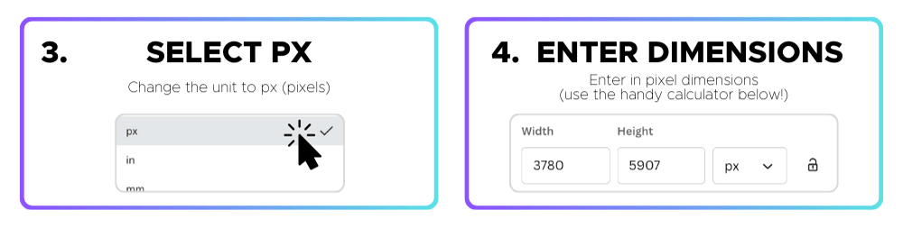 graphic showing step 3 selecting pixels, and step 4 entering dimensions