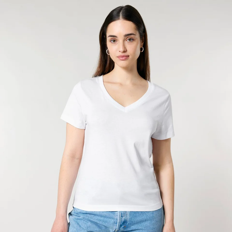 young female model wearing a white, v-neck t-shirt